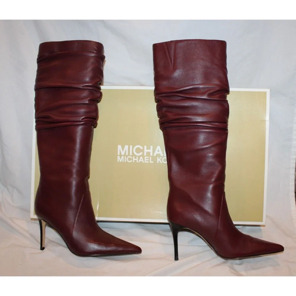 Michael Kors Dawn Tall Ruched Leather Heeled Boots Oxblood NEW $300 SZ 7 M